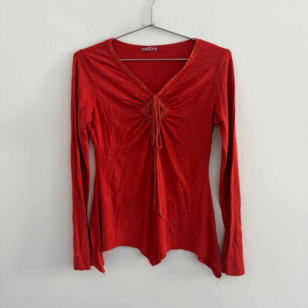 Sursive Red Fairycore Long Sleeve Sharkbite Hem Top Medium